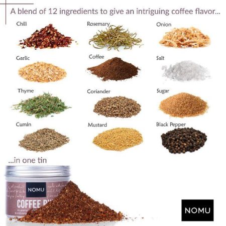 COFFEE Rub de NOMU es una combinación de especias donde el café en grano es uno de los protagonistas además de especias e hierbas aromáticas: mostaza en grano, cilantro, pimienta negra, comino, romero, tomillo, ajo, cebolla, azúcar y sal. NOMU es una firma sudafricana que hace una colección de mezclas de especias del mundo y se presenta en una lata metálica de 70 gramos. ¿Cómo utilizar NOMU Coffee Rub? Añade un pellizco a tus salsas, ideal para macerar carne, pescado, marisco, verduras. Darás un toque original a tus platos de cocina usando café. También tenemos NOMU SWEET Rub con especias dulces (vainilla, canela, jengibre…) para tus recetas dulces y postres y NOMU PROVENÇAL Rub que es una fantástica combinación de hierbas aromáticas ideal para recetas mediterráneas, frescas, saludables. En INHALA te ofrecemos una selección de cafés, tés, chocolates, galletas, especias y muchos más productos gourmet como la Sal de Ibiza. Estamos en Portalet, 9 de Granollers, Barcelona.